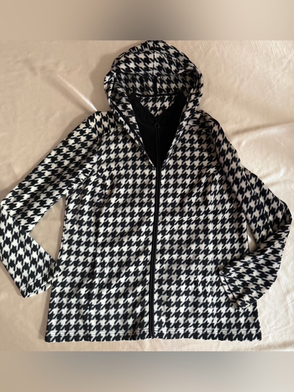 Susan Graver Weekend Houndstooth Full-Zip Fleece Hoodie Jacket Medium